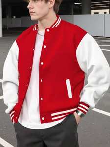 <b>Men's</b> Red White Patchwork Varsity <b>Jacket</b> Casual Fleece Windproof <b>Baseball</b> Coat Stand Collar Regular Fit Winter Wear - Product Image 1