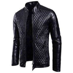 Blouson moto en cuir PU noir pour homme, col montant, fermeture éclair, design matelassé, coupe ajustée, coupe-vent, pour l'automne - Product Image 5