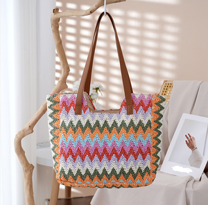 Natural yarn bag Colorful Zig Zag Woven Tote Bag Stylish Handmade Shoulder Bag for Women Summer <b>Beach</b> <b>Accessory</b> Wholesale - Product Image 4