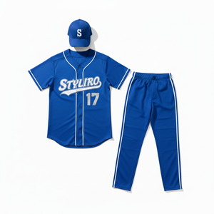 Styliro Baseball Jersey Set Men's Blue Short Sleeve Moisture Wicking Polyester Uniform With Pants And <b>Cap</b> - Product Image 3