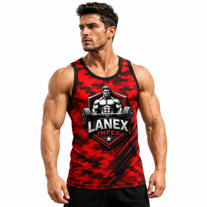 Débardeur de sport personnalisé pour homme, motif camouflage rouge, sublimation, fitness, musculation, sans manches, entraînement, vêtements de sport - Product Image 1