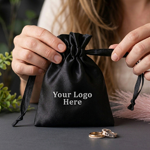 Custom Logo Satin <b>Drawstring</b> <b>Pouch</b> Jewelry Packaging Bag Black With Embroidery For Gift Storage - Product Image 1