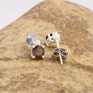 Solid 925 Sterling <b>Silver</b> <b>Stud</b> Earrings Round Faceted Smoky Quartz Zircon Claw Setting Classic Women's Fine Jewelry Everyday Wea - Product Image 3