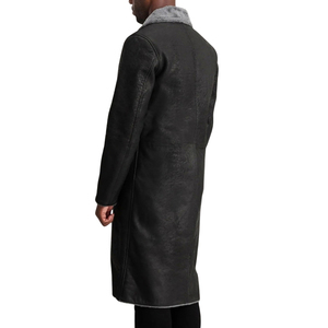Men's Black Genuine <b>Leather</b> Shearling Notched Lapel Overcoat Single Breasted Knee Length Long <b>Coat</b> - Product Image 2