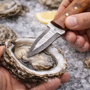 Couteau à huîtres artisanal, lame en acier Damas, manche en bois avec étui en cuir, fournisseur - Product Image 3