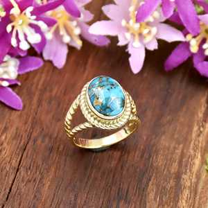 Blue Copper Turquoise <b>Ring</b> 18K Gold Vermeil Oval Gemstone <b>Statement</b> <b>Ring</b> Rope Band Handmade Gift for Her - Product Image 3