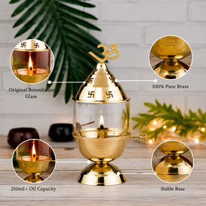 Diya de Latón Akhand Jyoti con Tapa Grabada con Om, Lámpara de Aceite Tradicional India, Diya Decorativa de Latón para Puja, Aarti, Templo y Decoración del Hogar - Product Image 5