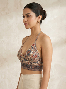 Wholesale Bohemian Kalamkari Floral Print Crop Top Halter Neck Sleeveless Open <b>Back</b> <b>Tie</b> Up Blouse Women's Comfortable Wear - Product Image 3
