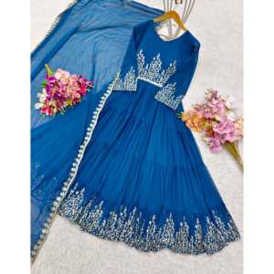 Hermoso vestido de fiesta para mujer, conjunto de vestido con volantes y Dupatta, trabajo de secuencia bordada - Product Image 4