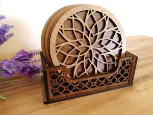 Juego de posavasos de madera con diseño de mandala y soporte, tapete redondo hueco para bebidas, cojín para tazas de café, protector de superficie de mesa - Product Image 1