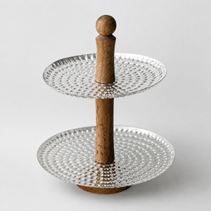 2-Tier Hammered Design Iron Or Steel & Mango Wood Serving <b>Cake</b> Stand. Elegant Display Tray Stand For Cupcakes, Fruits & Desserts - Product Image 1
