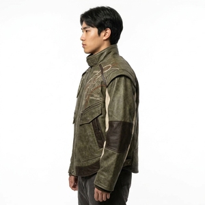 เสื้อแจ็คเก็ตหนังสีเขียวสำหรับผู้ชาย คอตั้ง ปิดด้วยซิป ดีไซน์ปักลาย กันลม สไตล์สตรีทแวร์ญี่ปุ่น - Product Image 4