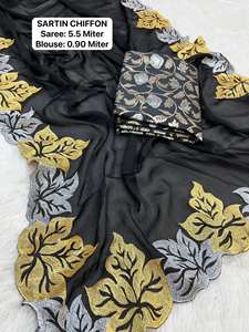 Sari de créateur moderne, le plus beau et le plus adorable, en tissu de chiffon satiné avec broderie en fil de Jari pour les occasions de fête - Product Image 5