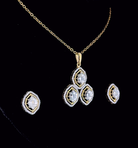 Elegant Hexagon Halo Lab Grown Diamond Necklace & Stud Earrings Set in Yellow Gold Bridal Fine Jewelry - Product Image 2