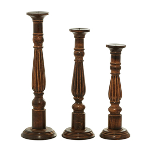 Antique Style Large Mango Wood Candle Holder Set of 3 <b>Tall</b> Wooden Turned Candle Stand Set for Home Office Party Decoration - Product Image 1