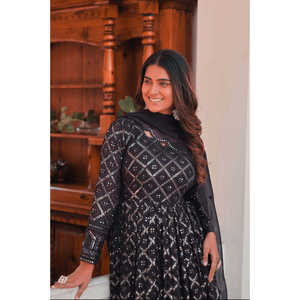 Black Lucknowi Sequins Work V NECK Gown pent y duptta suit Set - Product Image 1