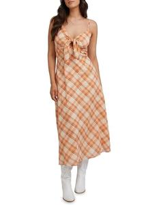 Vestidos de Moda Otoñal para Mujer, 100% Algodón, Estampado a Cuadros, Lazo Delantero y Abertura Debajo, Vestido Midi con Estampado de Helechos - Product Image 4