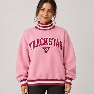 Women's Light <b>Pink</b> Mock Neck <b>Sweatshirt</b> with White Striped Trim Varsity Letters Long Sleeve Custom Logo - Product Image 4