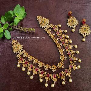 Fashion Women's Wedding Jewelry Set Two-Layer Matte Necklace and Earrings with Zircon Gold Plated Alloy - Product Image 1