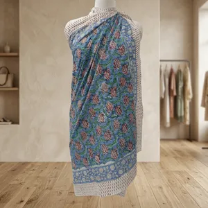 Sari en coton bleu à motifs floraux imprimés à la main, motifs Paisley, bordure décorative, tenue ethnique traditionnelle pour femme, logo réversible sur le devant - Product Image 5