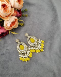 Handcrafted Tear Drop Antique <b>Gold</b> Plated Faux Gemstone Pearl Cluster <b>Dangle</b> <b>Earrings</b> For Women Reception Party Wear Collections - Product Image 3