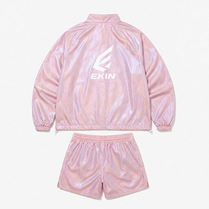 <b>Men's</b> Iridescent Pink Shiny 2 Piece Nylon Lightweight <b>Summer</b> Windbreaker <b>Jacket</b> Shorts Set EKIN Logo Metallic Reflective - Product Image 4
