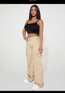 Jean cargo taille haute crème pour femme, coupe large, en denim de qualité, confortable et tendance, le plus vendu - Product Image 4