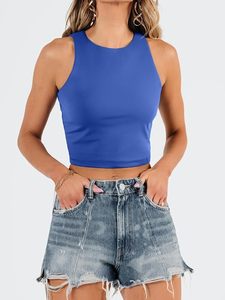 Débardeur court tricoté sans manches bleu pour femme, col rond, couleur unie, coupe classique, printemps-été - Product Image 4