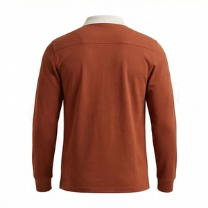 Polo à manches longues pour homme en coton tricoté, couleur rouille, avec poche, coupe classique, respirant, design uni - Product Image 2