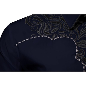 เสื้อเชิ้ตคาวบอยปักลายตะวันตกสำหรับผู้ชาย สีกรมท่า แต่งด้ายเมทัลลิกลายเส้น  ขอบเสื้อแบบมีลาย  ทรงเข้ารูป แขนยาว ติดกระดุมแป๊ก - Product Image 2