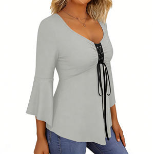 Oferta especial en blusa Temu para mujer con cuello en V, cordones, mangas acampanadas, peplum, estilo casual, elegante, de color sólido, para uso diario. - Product Image 4