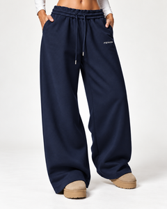 Pantalones Deportivos de Felpa para Mujer F2WIN, Color Azul Marino, Pierna Ancha, Cintura Alta con Cordón, Corte Holgado Informal, Largos, Color Sólido - Product Image 1