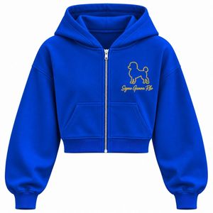 Sudadera con capucha azul real con cremallera completa, logotipo bordado con mascota dorada, sudadera de forro polar personalizada con puños acanalados y bolsillos frontales - Product Image 1