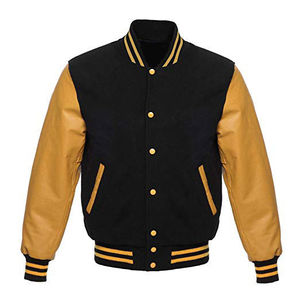 Veste universitaire pour homme, noire et or, manches en cuir PU, col rabattu, fermeture boutonnée, vêtement décontracté pour l'automne - Product Image 1