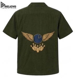 เสื้อเชิ้ตโบว์ลิ่งแขนยาวสไตล์วินเทจสำหรับผู้ชาย สีเขียวมะกอก คอปกคิวบา แบบลำลอง ติดกระดุม ปักลายตัวอักษร ผ้าฝ้าย 100% กันยับ - Product Image 2