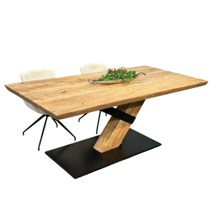 Table de salle à manger et de cuisine unique en bois d'acacia massif avec bord naturel, design grainé, piétement en métal et en bois - Product Image 1