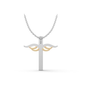 Collier pendentif croix religieuse en or 18 carats avec diamant de laboratoire, design aile de ruban bicolore, bijoux fins pour femme - Product Image 4