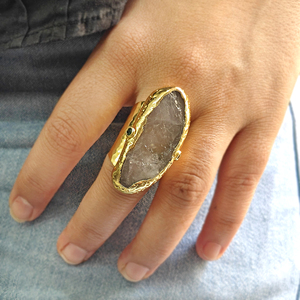 Natural raw crystal rose quartz statement <b>ring</b> with emerald cz accents solid <b>brass</b> 18k gold plated organic shape <b>ring</b> for women - Product Image 6