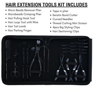 Kit d'outils professionnels pour extensions capillaires : Pince à sertir plate, fil à boucles, ciseaux, pinces de sectionnement, peigne, aiguille courbée - Product Image 2