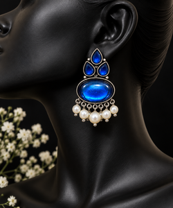 Wholesale Oxidized <b>Silver</b> Blue Stone Pearl Dangle Earrings | Boho Ethnic Indian Fashion Jewelry - Product Image 1