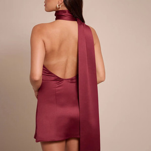 Hot Selling Burgundy Sexy Women Summer <b>Halter</b> Neck <b>Backless</b> Skinny Bodycon Breathable Mini <b>Dress</b> Silk Lining Satin Party <b>Dress</b> - Product Image 5