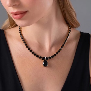 Collier tennis en onyx noir taille poire, bijoux en or, collier en pierres précieuses, cadeau d'anniversaire, collier fait main pour femme - Product Image 1