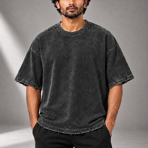 T-shirt en coton lavé épais pour homme, coupe oversize, ourlet brut, épaules tombantes, coupe ample et carrée, col rond, style streetwear décontracté - Product Image 3