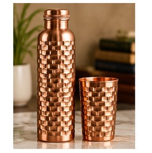 Artistic Cream Floral Copper <b>Metal</b> <b>Water</b> <b>Bottle</b> with Cup Portable Travel Drinkware - Product Image 2