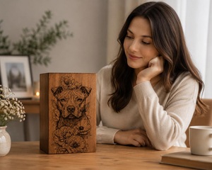 Urna de Madera Personalizada para Perros Pitbull, Caja de Cremación Conmemorativa para Perros con Grabado Floral, Ecológica, Duradera, Recuerdo Personalizado para Cenizas de Mascotas - Product Image 1