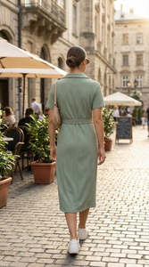 Vestido Midi Verde Menta de Punto con Cuello Solapa y Cinturón, Estilo Tubo Casual, Manga Corta, Ajustado, Color Sólido, para Primavera - Product Image 4