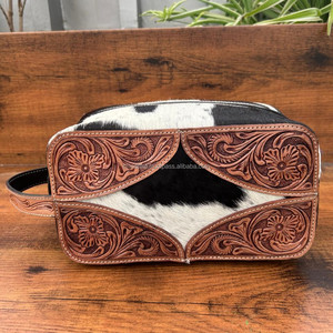 Handmade Cowhide & Tooled <b>Toiletry</b> Travel <b>Bag</b> <b>for</b> Women's Floral Genuine Leather Cosmetic Pouch Western Style Makeup Organizer - Product Image 3