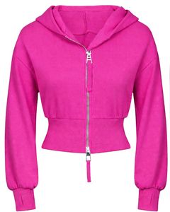 Womens Hot Pink <b>Cropped</b> <b>Zip</b> <b>Up</b> Hoodie Slim Fit Long Sleeve Casual Streetwear Cotton Fleece Sweatshirt Custom Logo ODM Factory - Product Image 1