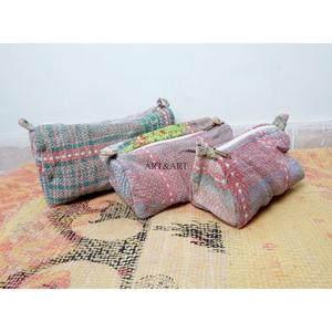 Indian kantha hand block print cotton cosmetic bag Makeup pouch set of three Accessory case Women's travel bag Handmade Kantha - Product Image 3