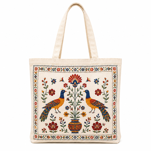Custom Cotton <b>Canvas</b> <b>Beach</b> Tote Bag with Long Handle Floral Bird Pattern for Promotional Use - Product Image 2